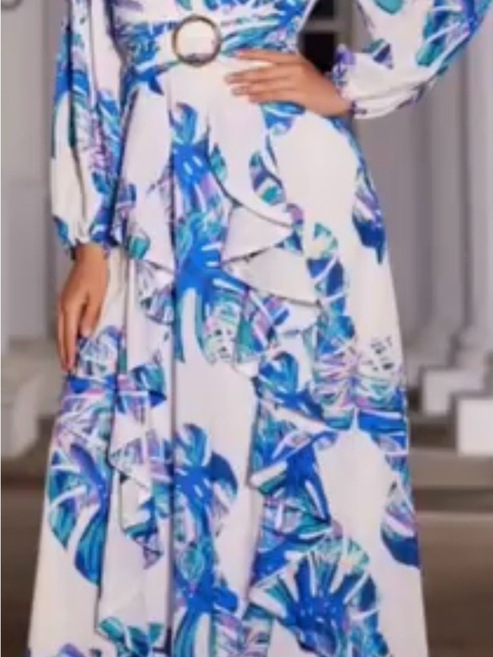 Chicways Blue & White multi color leaves Maxi Dress.